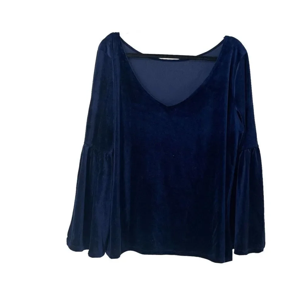 Navy Blue Velvet Top Bell Sleeve Scoop Back Boat Neck Jessica Simpson Size 2X